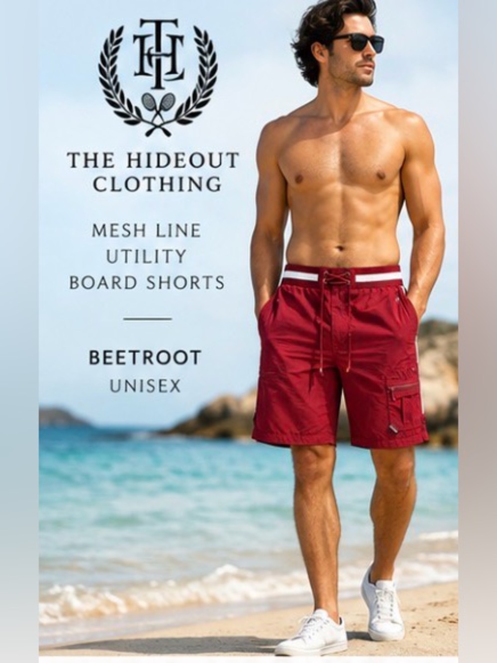 The Hideout Clothing THC Mesh Utility Board Shorts Beetroot L NWT
